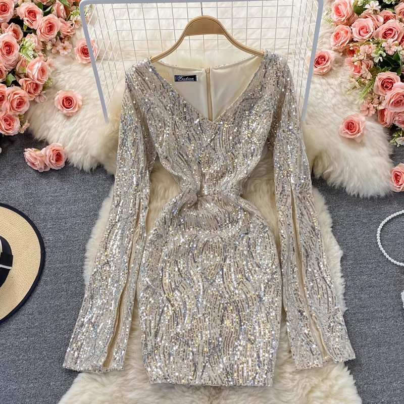Sexy Sequined V-Neck Short Dress Long Sleeve Sheath Party Dress for Women - Perfect for Holiday Parties, Night Out, and Special Occasions