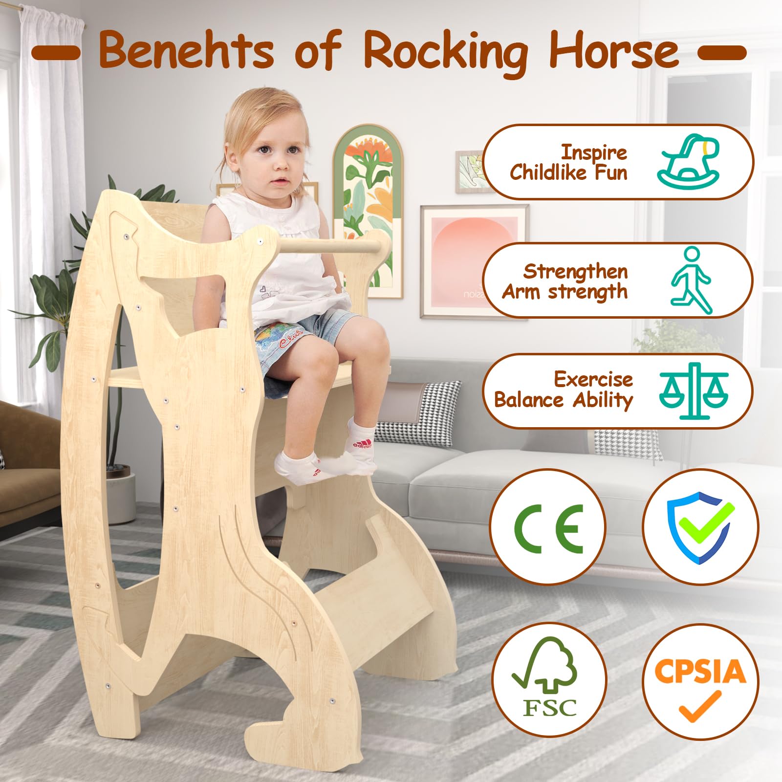 **Montessori Wooden Rocking Horse for Toddlers - 2-in-1 Baby Rocking Toy & Weaning Table Chair Set - Natural Wood Nursery Furniture for Playroom, Living Room & Kitchen - Safe & Educational Toddler Rocker**    *(Perfect for Montessori Learning, Indoor Play, and Transitioning to Solid Foods)*