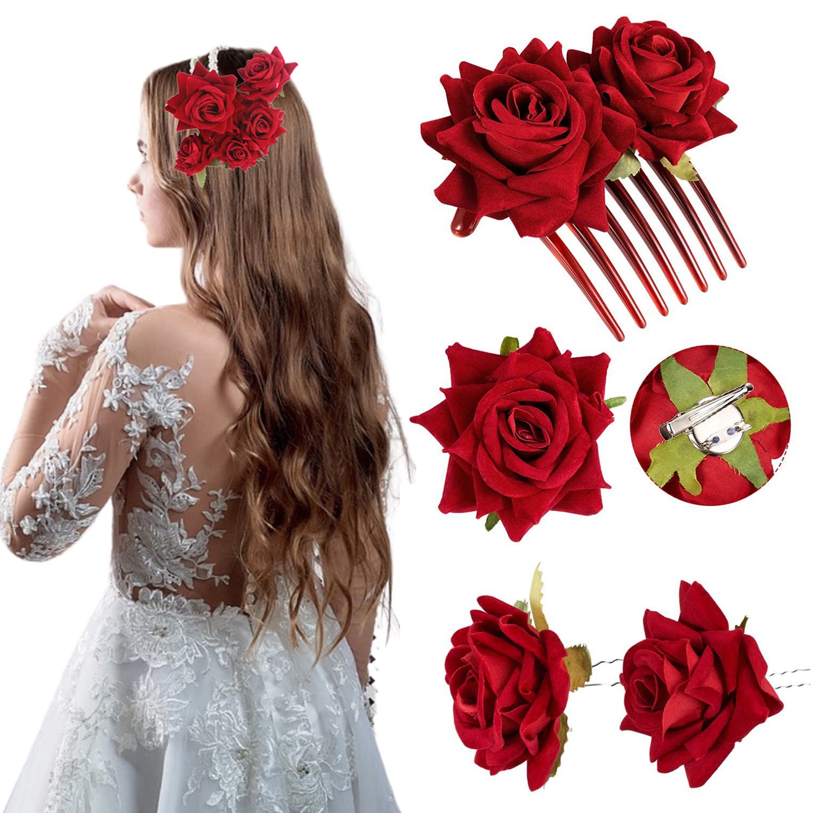 4Pcs Rose Hair Clips - Floral Hair Pins for Women, Vintage Rose Brooch Hair Accessories, Wedding Bridal Hair Comb, Bridesmaid Flamenco Dance Hair Jewelry - Perfect for Weddings, Parties & Special Occasions