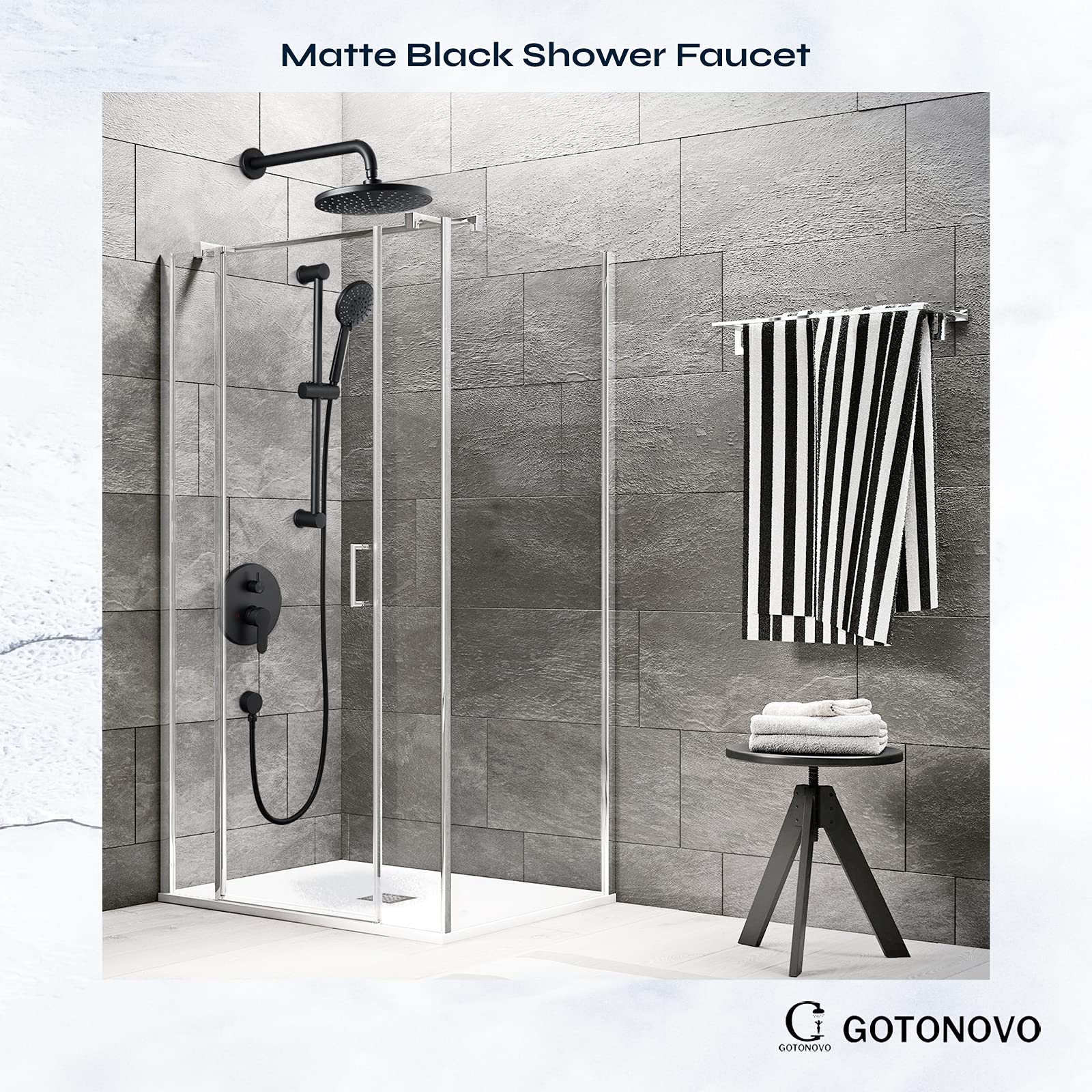 Premium Matte Black Shower System - 10 Inch Rainfall Shower Head, Wall Mounted Slide Bar & 3-Setting ABS Handheld Shower with Rough-in Valve - Modern Bathroom Shower Faucet Set for Spa-Like Experience at Home