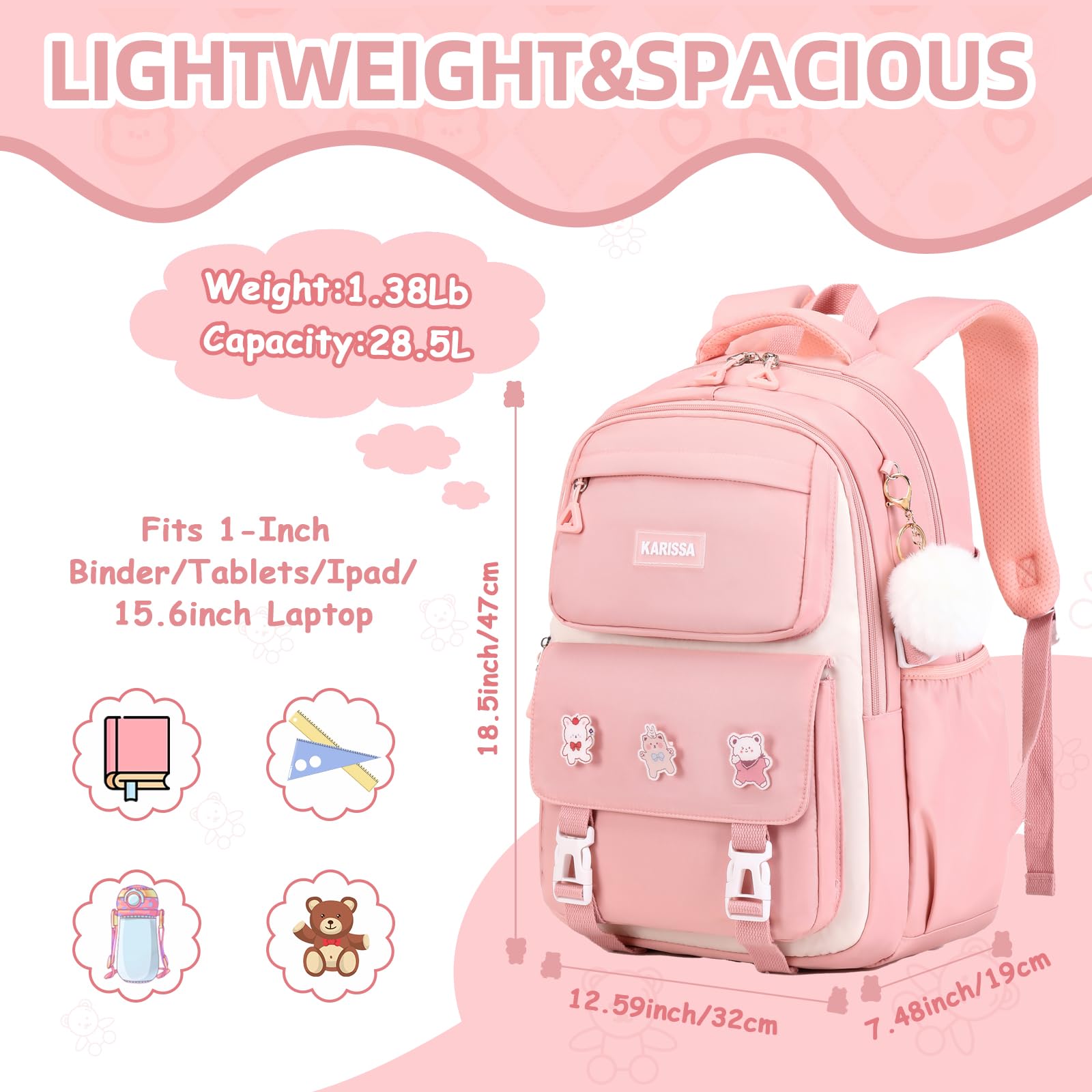 **Anti-Theft Girls Backpack for School - Lightweight Water-Resistant Bookbag with Back Pocket, Pink Kids Backpack for Elementary & Primary Students - Perfect for Daily Use, Travel & Outdoor Activities**