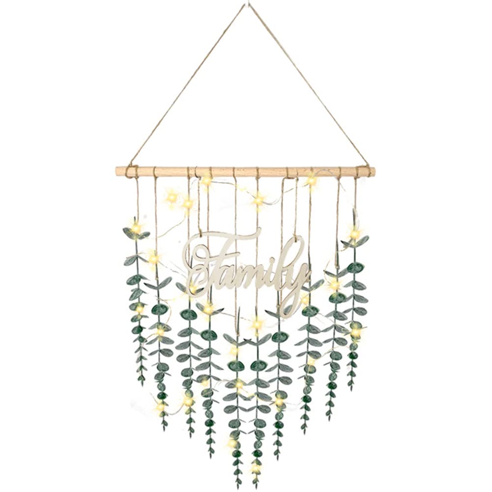 Artificial Eucalyptus Wall Hanging Decor with LED Lights - Fake Eucalyptus Greenery Vines with Wooden Stick for Bedroom, Living Room, Wedding & Boho Wall Decor - Home & Office Decoration