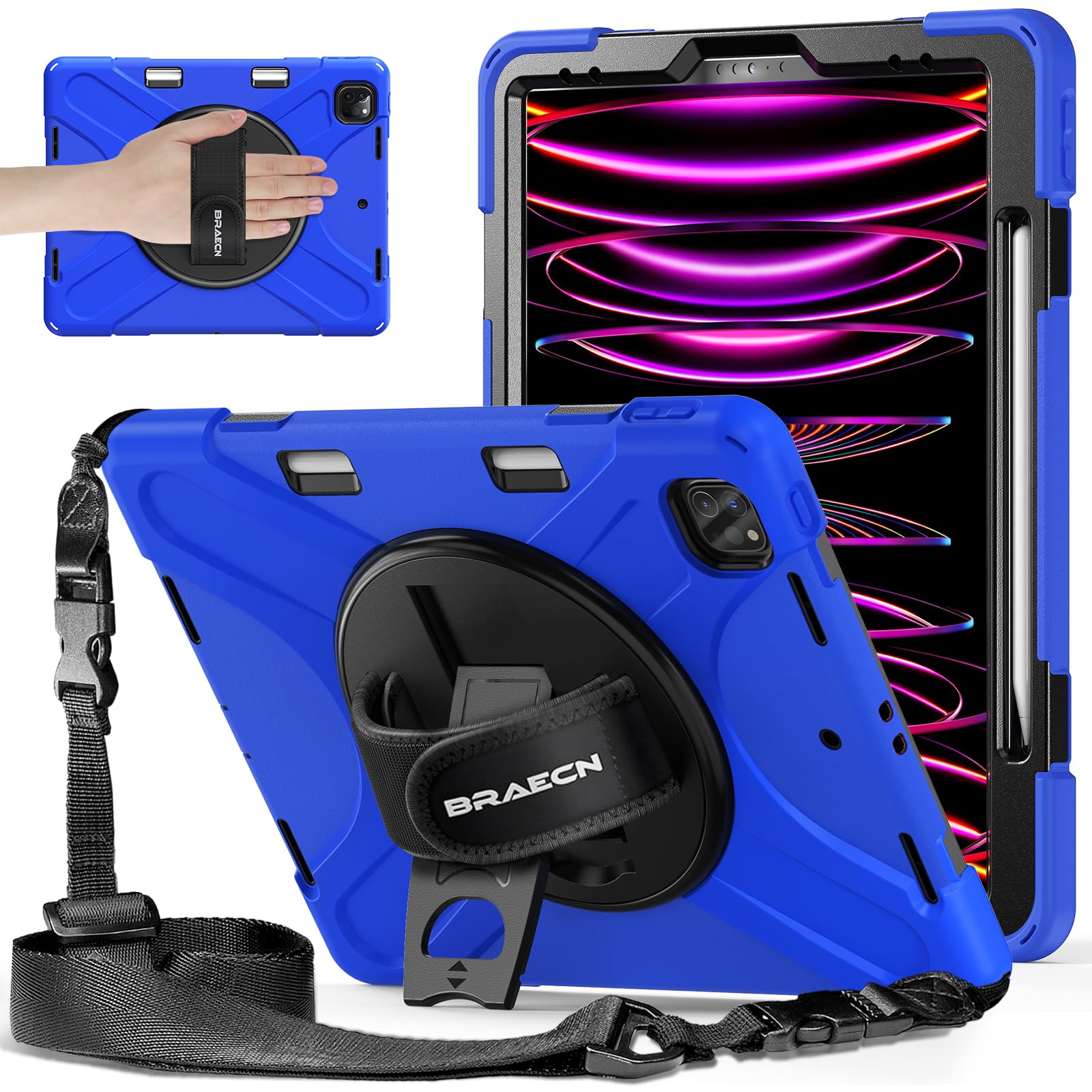 BRAECN Shockproof Protective Case for Apple iPad Air 13 inch & iPad Pro 12.9 inch (6th/5th/4th/3rd Gen) - Kids Friendly iPad Cover with Pencil Holder, 360° Rotating Stand, Hand Strap & Shoulder Strap in Blue - Perfect for School, Travel & Home Use