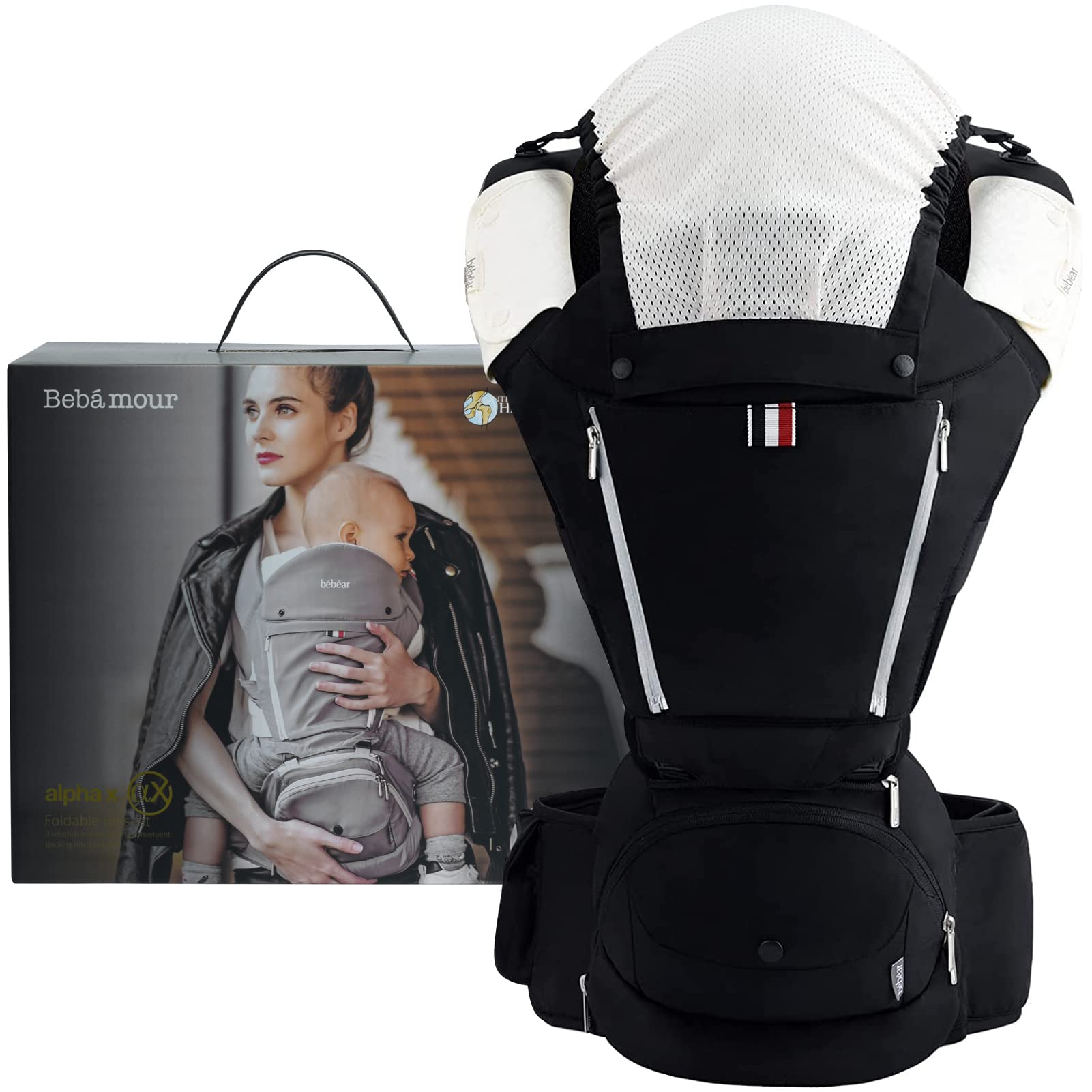 Bebamour 6-Position Ergonomic Baby Carrier - Adjustable & Comfortable Infant & Toddler Carrier for All Seasons - Alphax Design (Black) - Perfect for Hiking, Shopping & Hands-Free Parenting