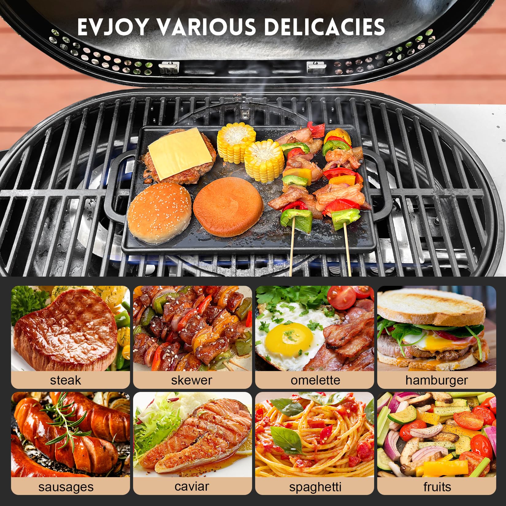 GGC Cast Iron Reversible Grill Griddle - Double Sided Grill Pan for Gas Grills, Stove Tops & Outdoor Cooking - 13 x 8.25 Inch Rectangular Baking Flat & Ribbed Griddle Plate - Perfect for BBQ, Camping, Pancakes & Steak Cooking