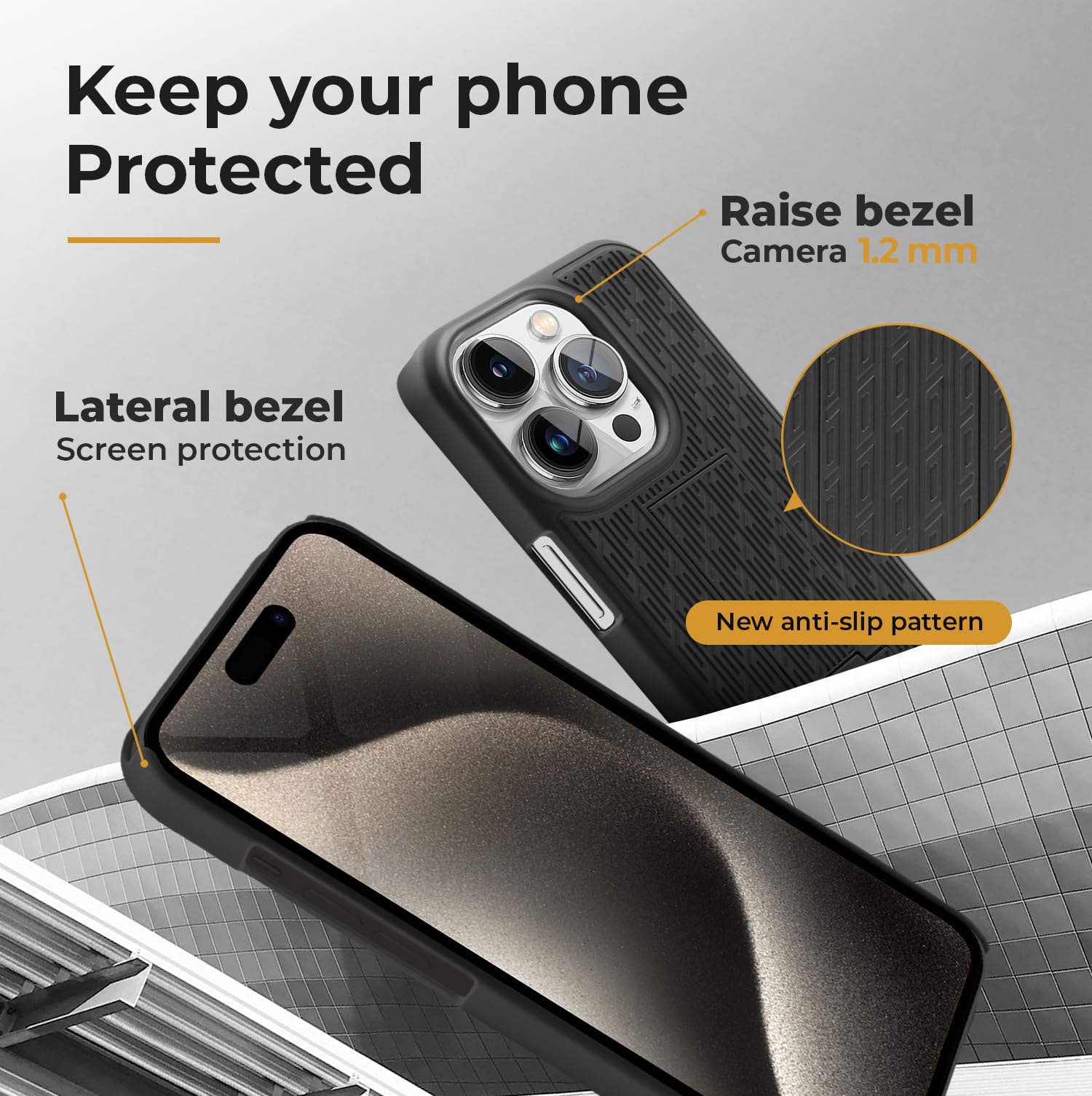 **MOTIVE Rugged iPhone 15 Pro Max Case with Belt Clip & Kickstand – Slim Shockproof Protective Cover for 6.7