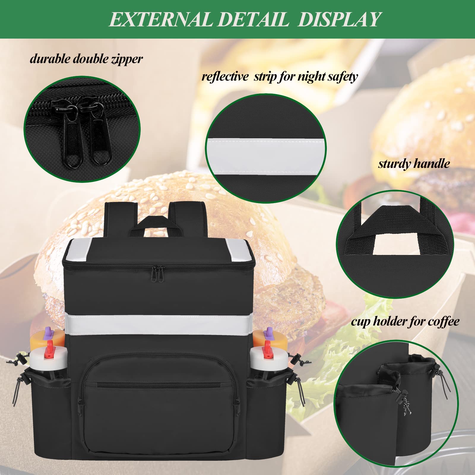 Insulated Pizza Delivery Backpack with Cup Holders & Support Boards - Hot/Cold Food Carrier for Bike Delivery - Perfect for Uber Eats, DoorDash & Restaurant Takeout (Black)