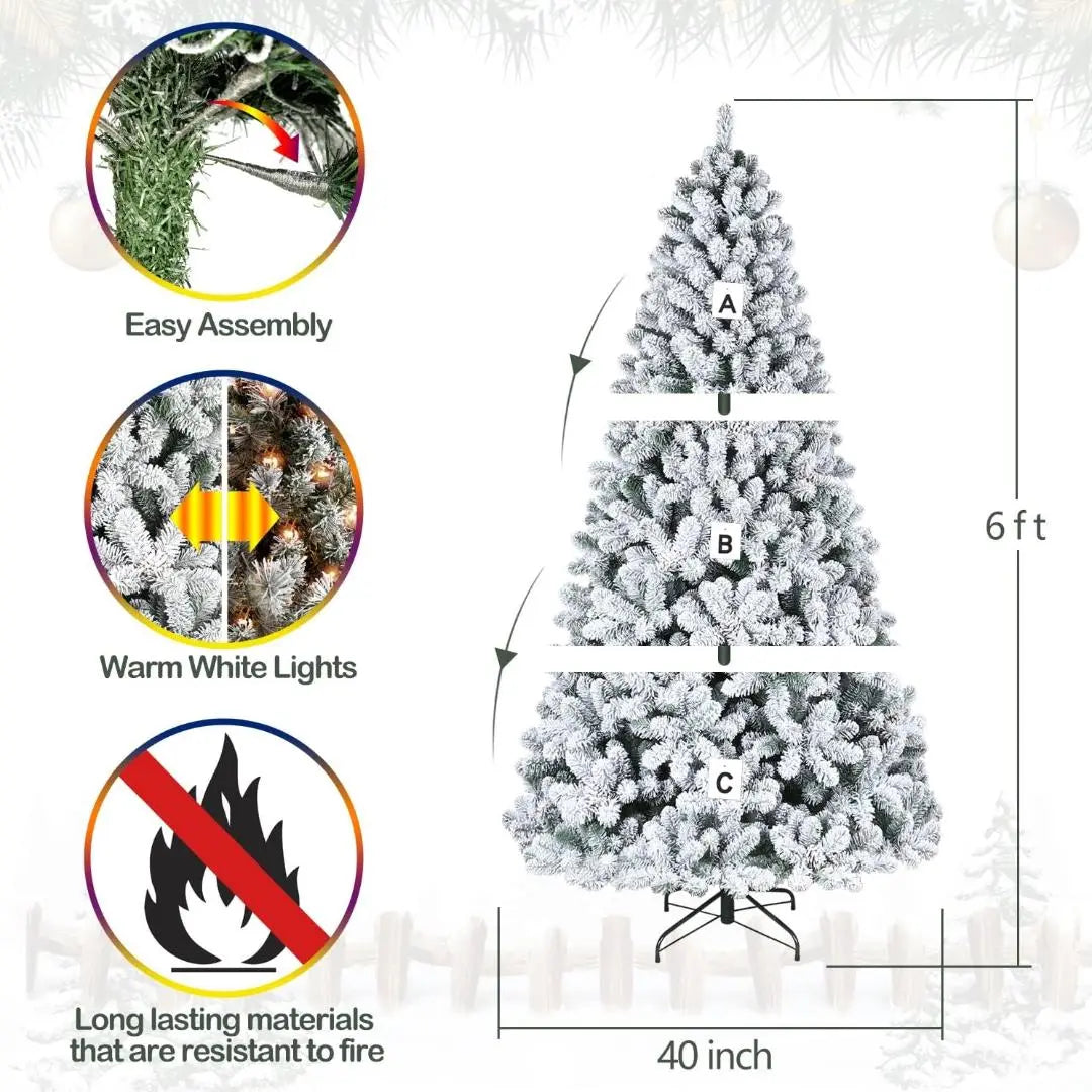 6'/7.5'/9' Flocked Snow Christmas Tree with Pine Cones & Warm White LED Lights - Hinged Branches & Sturdy Metal Stand for Holiday Home Decor, Office, and Party Decoration