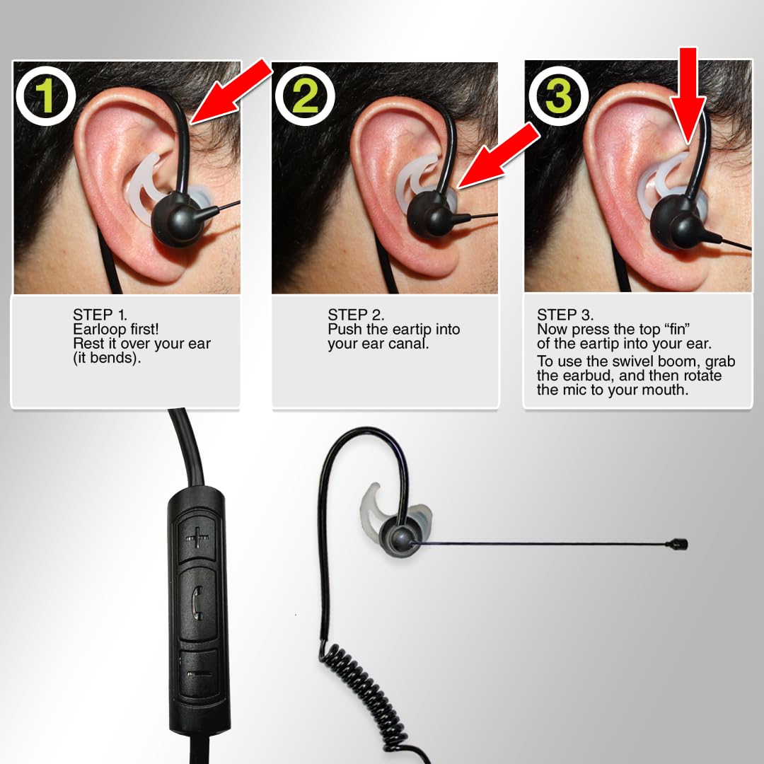 Klein Electronics 3.5mm Noise Canceling Earpiece with Boom Mic - Lightweight Secure Headset for Cell Phones (Right Ear Only, Includes 3 Soft Silicone Ear Tips) - Perfect for Call Centers, Truck Drivers & Office Communications