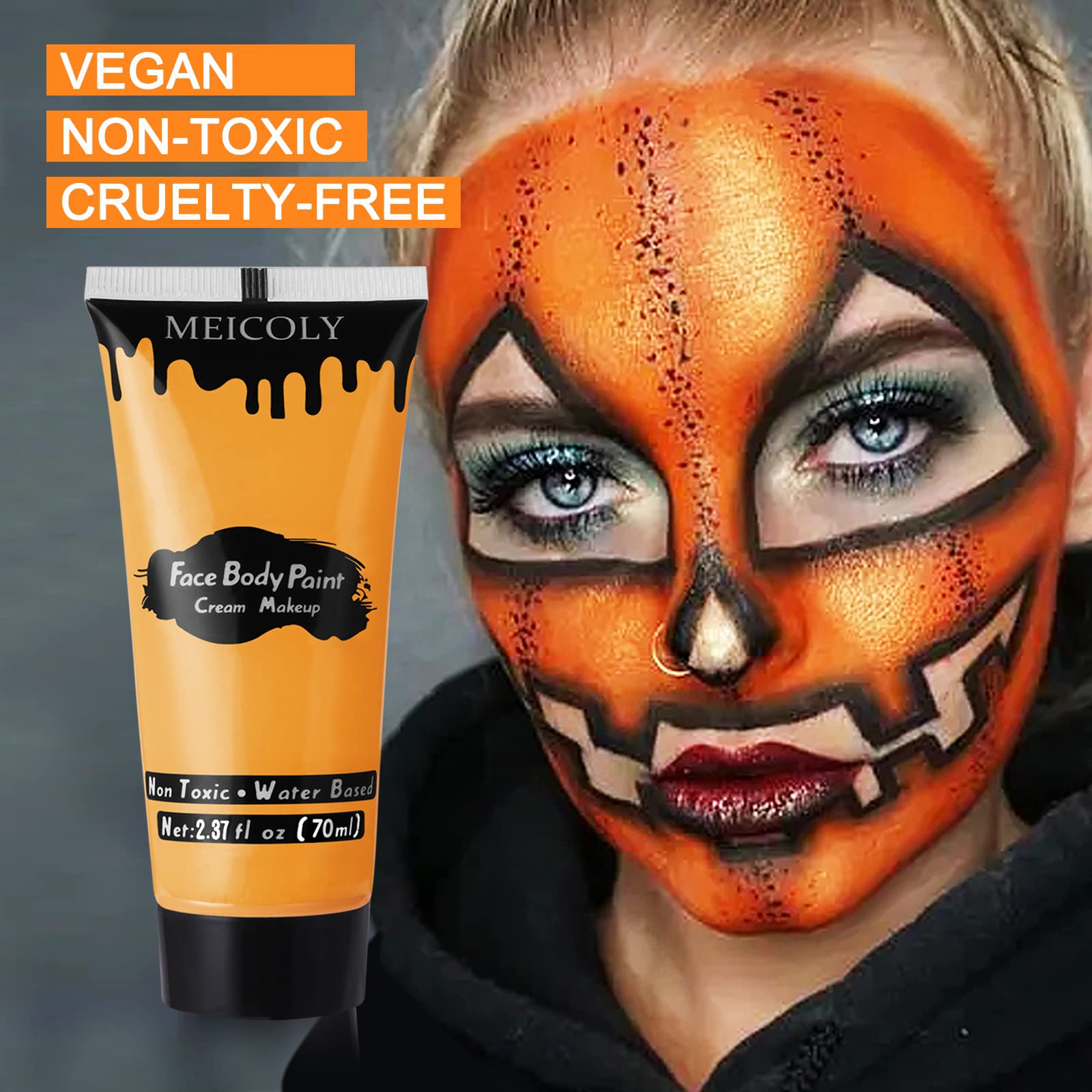 MEICOLY Orange Cream Face & Body Paint - 2.37Oz Large Tube, Water-Based Washable, Non-Toxic Makeup for Adults & Kids | Halloween Pumpkin SFX, Cosplay, Face Painting | Perfect for Costume Parties, Theater & Special Effects
