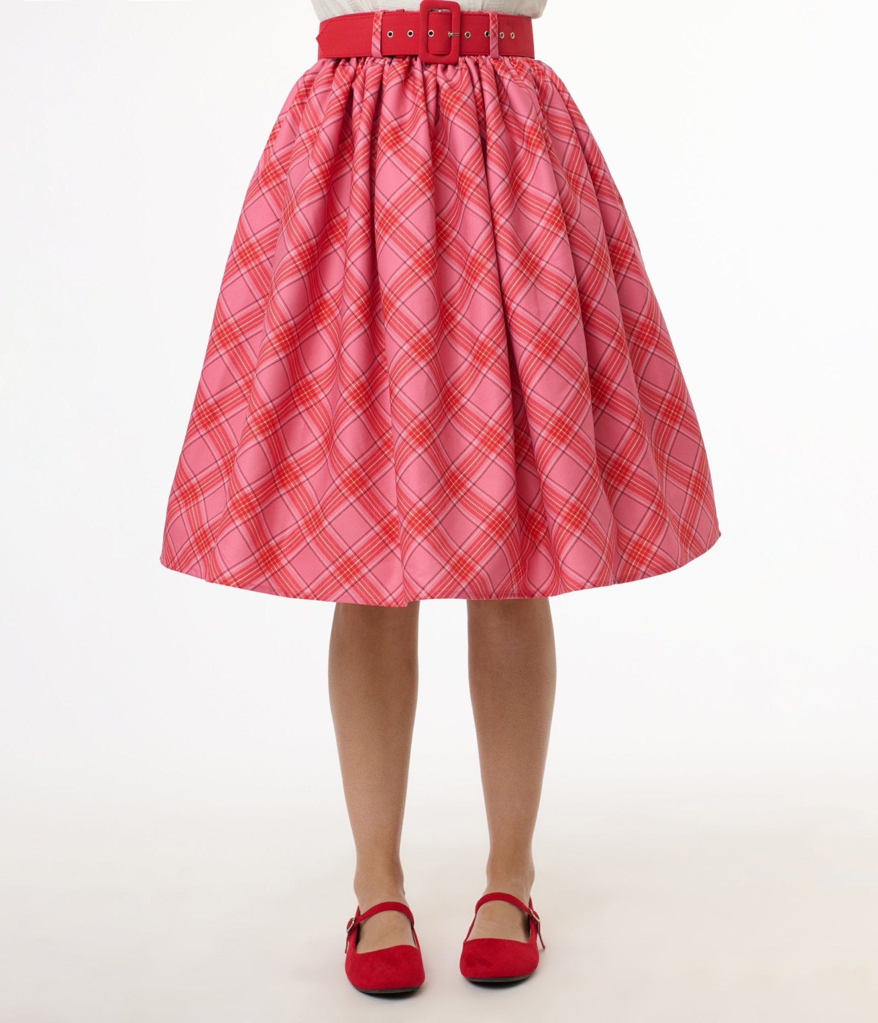Vintage 1950s Pink & Red Plaid Belted Gellar Swing Skirt - Retro 50s Style Swing Dress for Women, Perfect for Parties, Dances & Themed Events