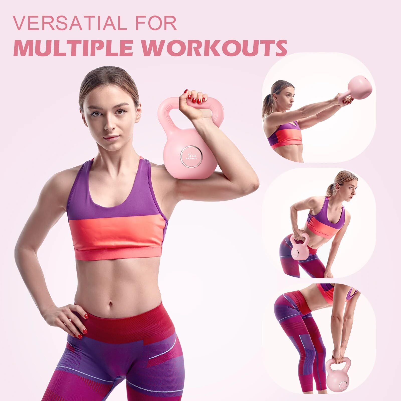 KHTO Pink Kettlebells Set for Strength Training - Home Gym Dumbbell Weights for Women & Men | Perfect for CrossFit, HIIT Workouts & Functional Fitness
