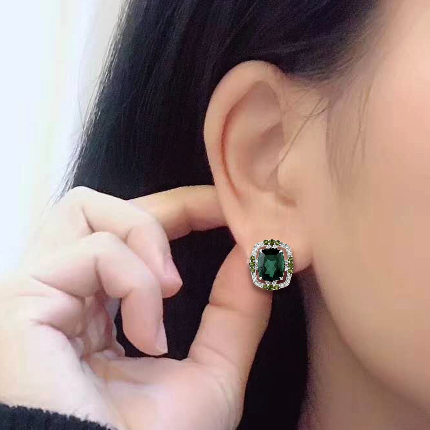 18K White Gold Green Tourmaline Pave Diamond Halo Stud Earrings – Elegant Jewelry for Weddings, Parties & Special Occasions