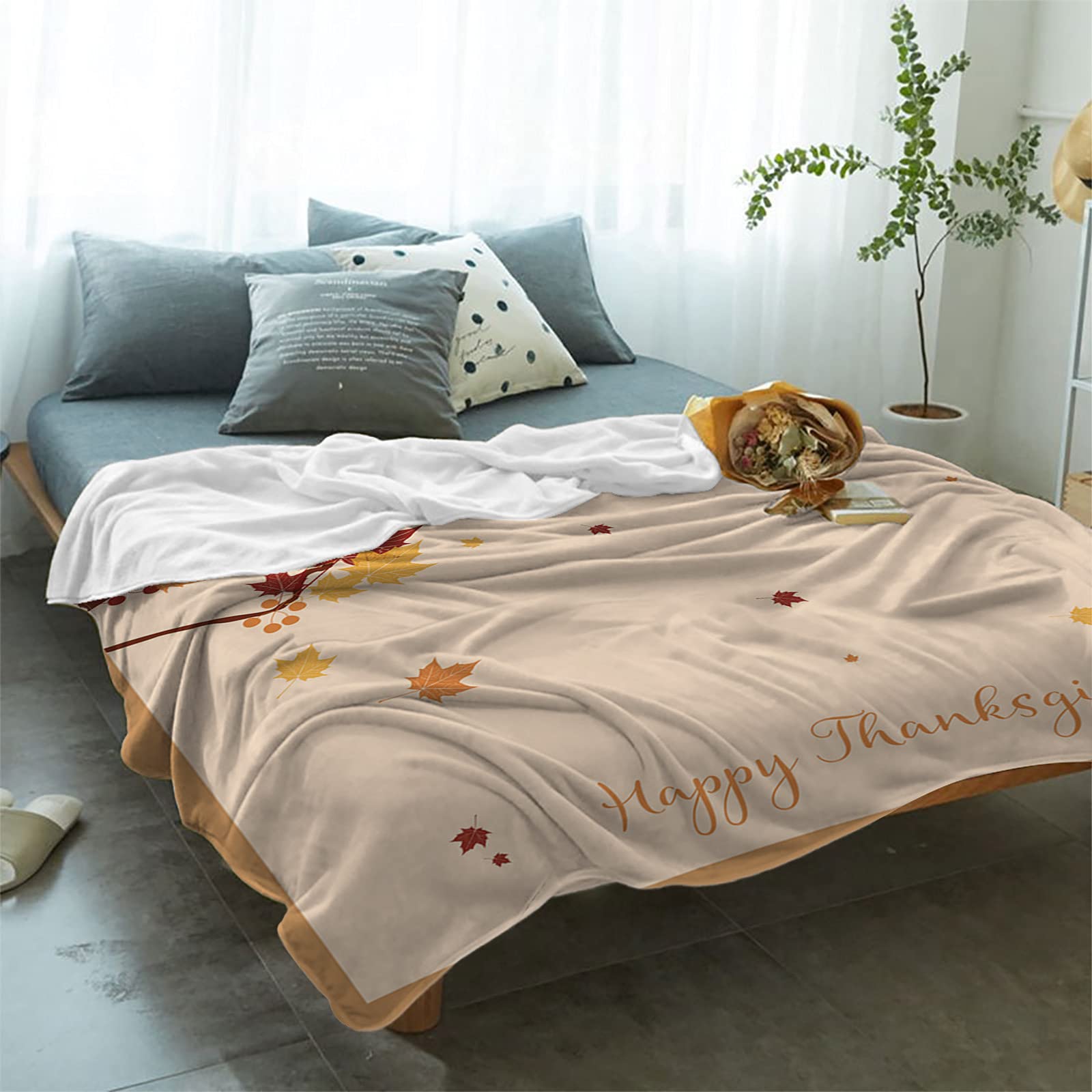 Smile Sunflower Flannel Fleece Blanket 49x79 Inch - Ultra Soft Cozy Throw Blanket for Bed, Couch & Sofa - Happy Thanksgiving Autumn Maple Leaves Design - Warm Lightweight Blanket for Fall Season, Home Decor, Gift Giving & Cozy Evenings