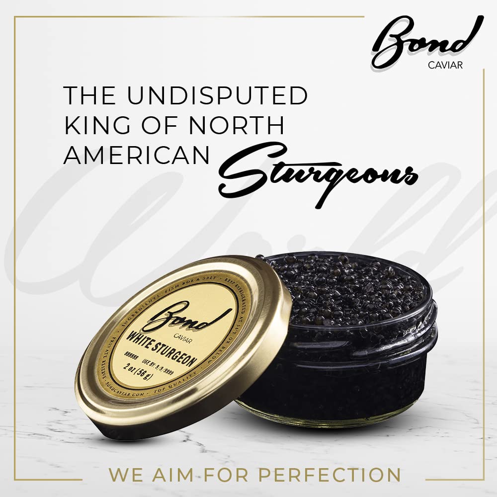Premium White Sturgeon Caviar - Gourmet Black Caviar Roe with Glossy Golden Pearls, Malossol Sea Salt Cured - 2oz (56g) Glass Jar - Luxury Gift for Special Occasions, Fine Dining & Celebrations - Overnight Shipping Available