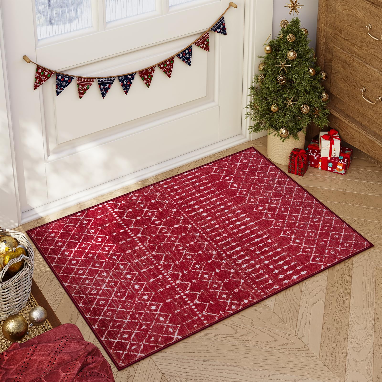 Beeiva Moroccan Christmas Entryway Rug 2x3 ft - Washable Non-Slip Rubber Backed Geometric Small Rug for Kitchen, Bathroom, Living Room - Soft Low-Pile Throw Rug in Red - Perfect for Holiday Decor & High Traffic Areas