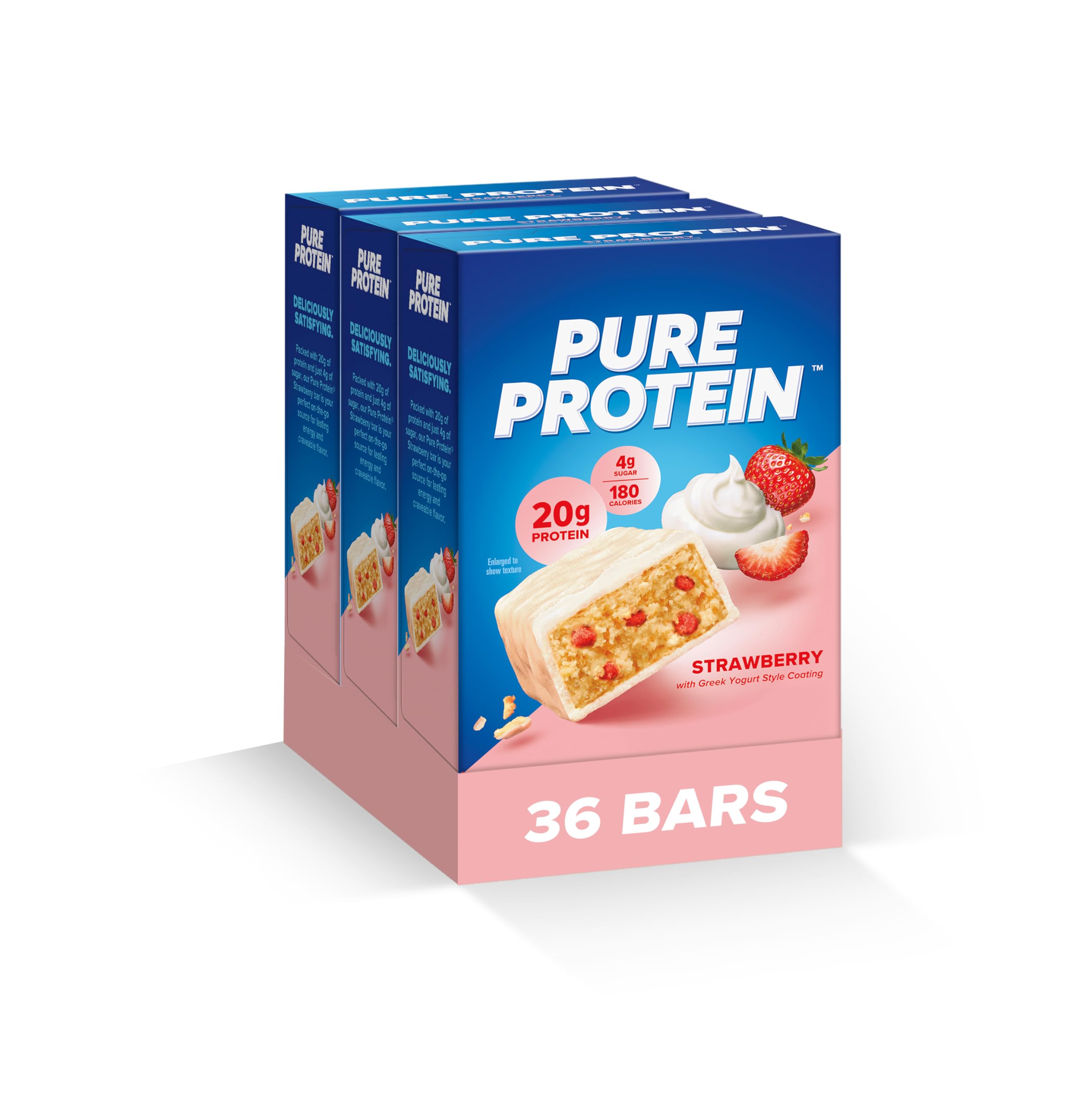 Pure Protein Bars - High Protein, Low Sugar, Gluten Free Snacks for Energy | Strawberry Greek Yogurt Flavor | 36 Pack | Perfect for Gym, Hiking & Healthy On-the-Go Nutrition