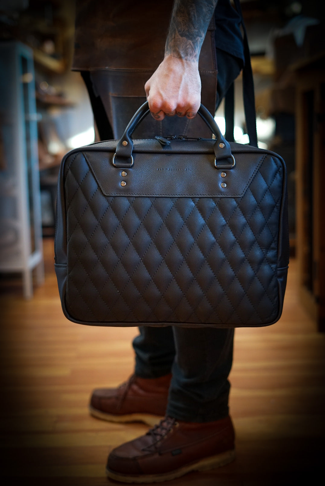 Premium Business Bag - Diamond Stitch Two-Tone Design (Flat Black & Pebbled Black) - Perfect for Office, Work Commute & Professional Meetings