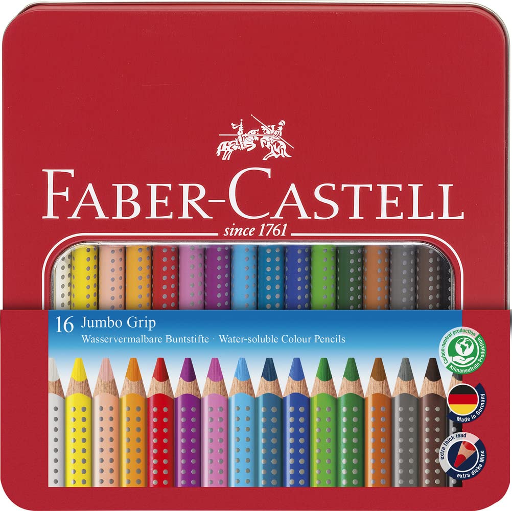 Faber-Castell Jumbo Grip Colored Pencils Set - 12 Vibrant Colors in Metal Tin Box - Perfect for Kids Art Supplies, School Projects & Adult Coloring Books