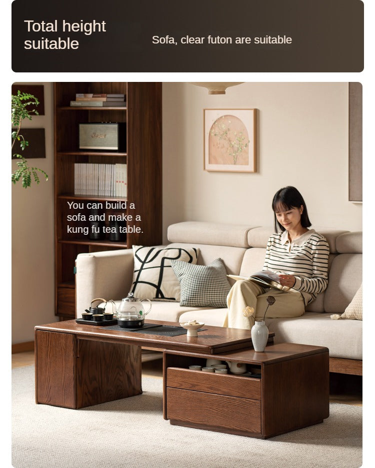 Solid Oak & Black Walnut Retractable Modern Coffee Table - Expandable Dining Table for Small Spaces, Perfect for Living Room, Studio Apartments & Office Use