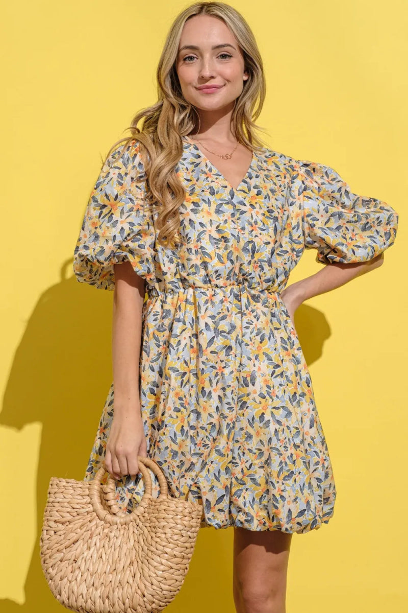 Full Size Floral Surplice Puff Sleeve Dress for Women - Elegant Summer Party & Wedding Guest Outfit