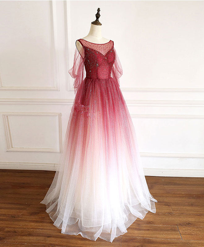 Elegant Burgundy Round Neck Tulle Long Prom Dress for Women - Perfect for Evening Gala, Homecoming, Wedding & Formal Events
