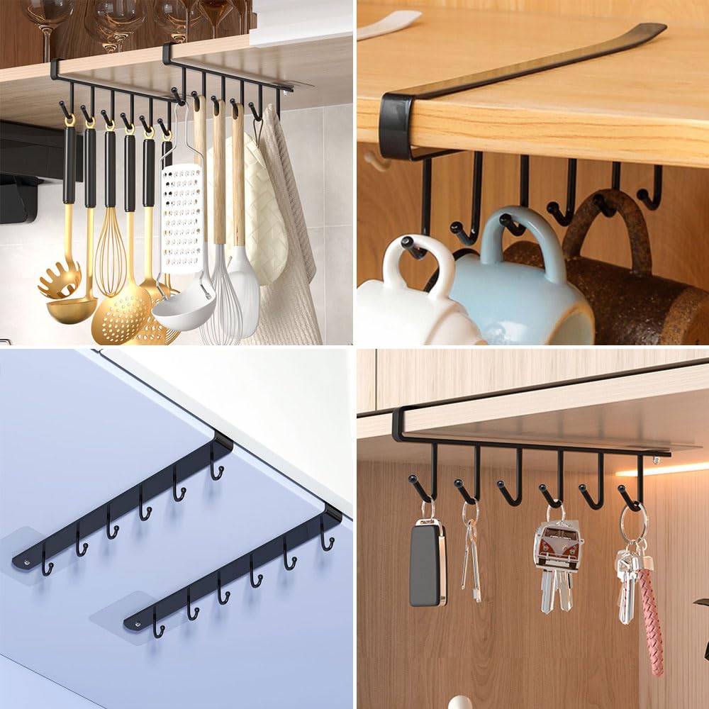 2 Pack Under Cabinet Mug Hooks Rack - No Drill Cup Holder Hanger with Adhesive Stickers (6 Hooks) for Mugs, Ties, Belts & Scarfs - Space Saving Kitchen Organizer for Coffee Cups, Utensils & Accessories