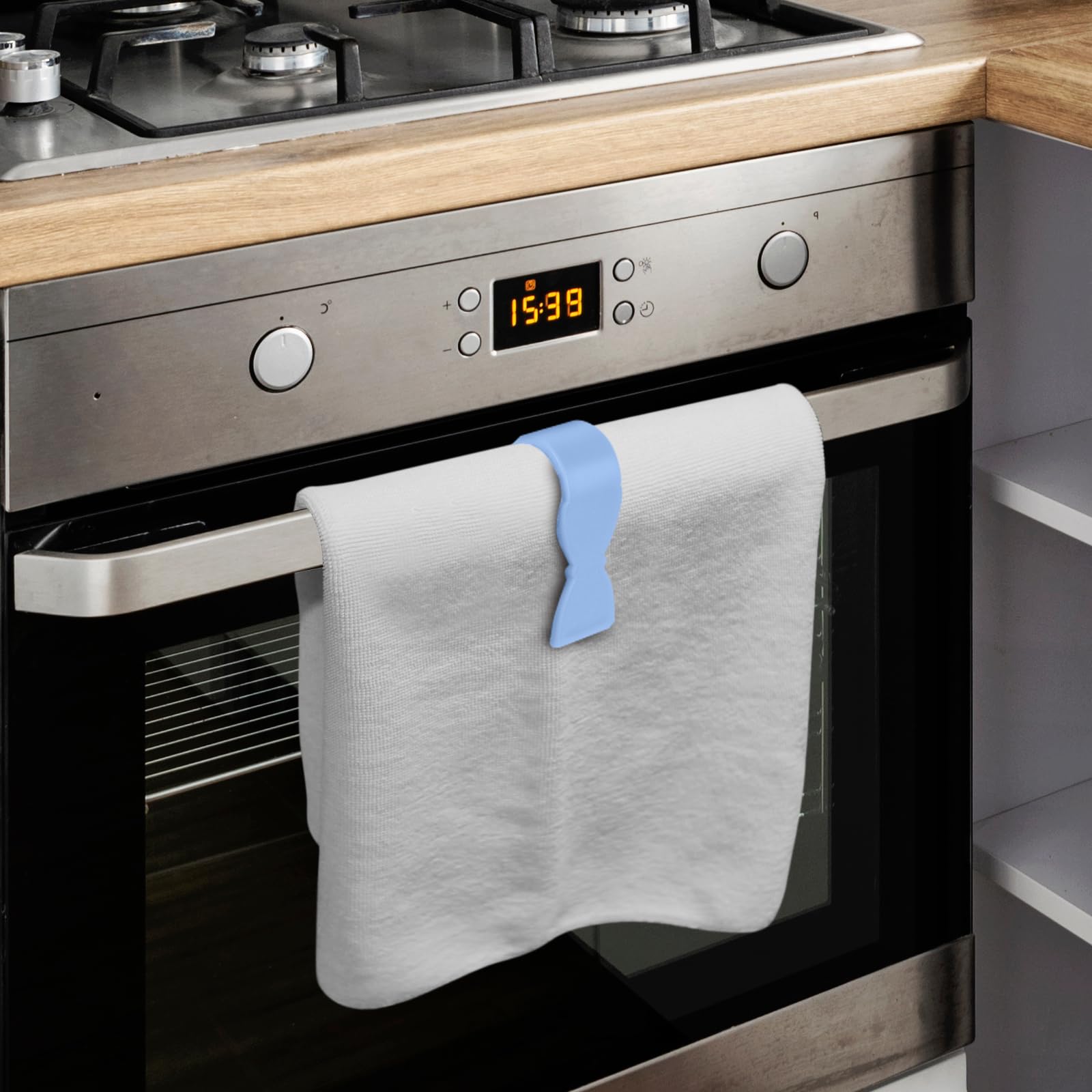 Non-Slip Kitchen Towel Clips (4 Pack) - Strong Grip Keeps Towels in Place - Perfect for Oven Handle, Dishwasher, Stove & Bathroom Towel Rack - Blue - Ideal for Cooking, Baking & Cleaning Scenes