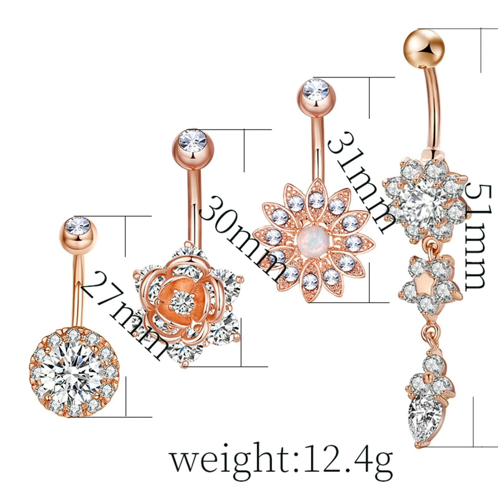 Rose Gold 14G Belly Button Ring for Women - White Cubic Zirconia Flower Design Body Jewelry - Perfect for Beach Parties, Summer Vacations & Casual Outfits