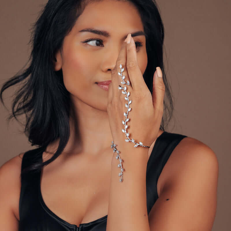 Olive Branch Leaf Bridal Hand Cuff Bracelet - Elegant Wedding Jewelry for Brides, Bridesmaids & Boho Weddings | WJ806 | Perfect for Beach, Garden & Outdoor Ceremonies