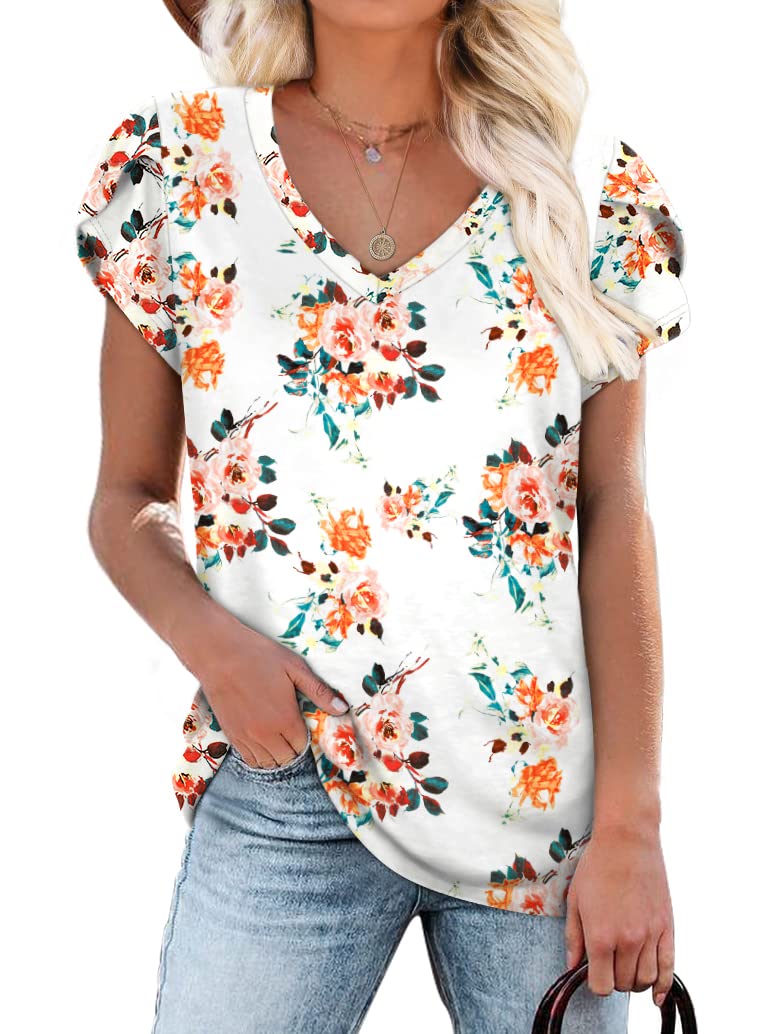 WIHOLL Women's V-Neck Casual T-Shirt with Petal Sleeves - Summer Blouse for Everyday Wear, Office & Outings