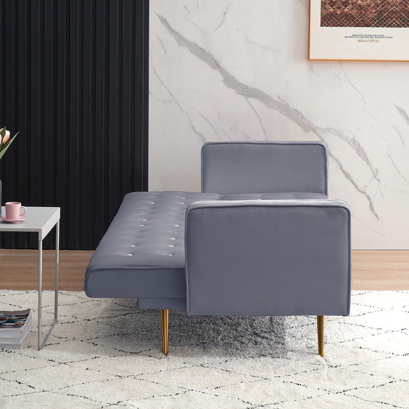 OUYESSIR 71-inch Velvet Convertible Futon Sofa Bed with 2 Pillows - Sturdy Sleeper Couch for Small Spaces, Grey | Perfect for Guest Rooms, Apartments & Dorm Rooms