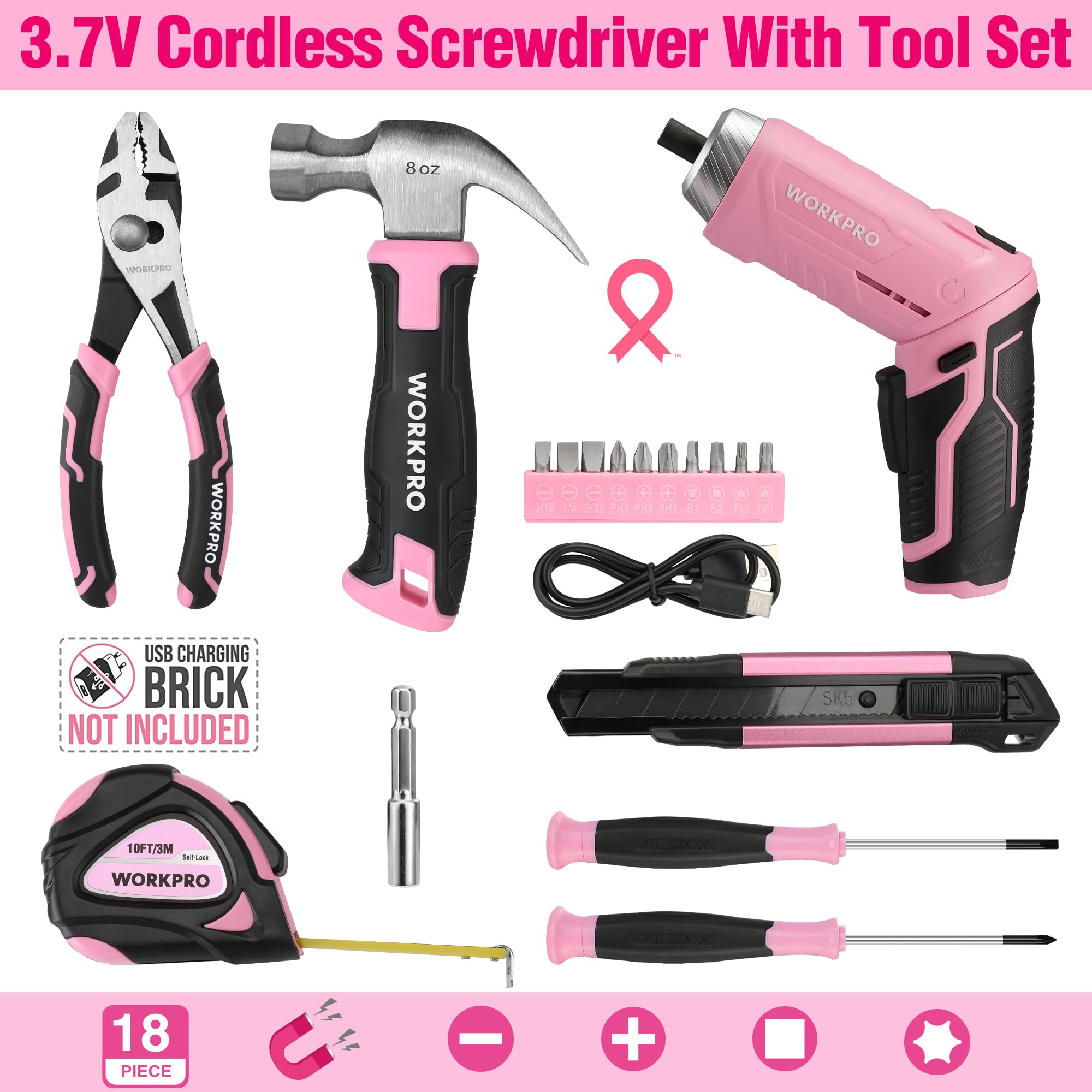 WORKPRO 18-Piece Pink Cordless Electric Screwdriver Tool Set with Rotatable 3.7V Driver & Portable Toolbox - Home Repair Kit for Women, DIY Projects, Dorm Rooms, Apartments - Perfect for Furniture Assembly, Hanging Pictures, and Small Household Repairs
