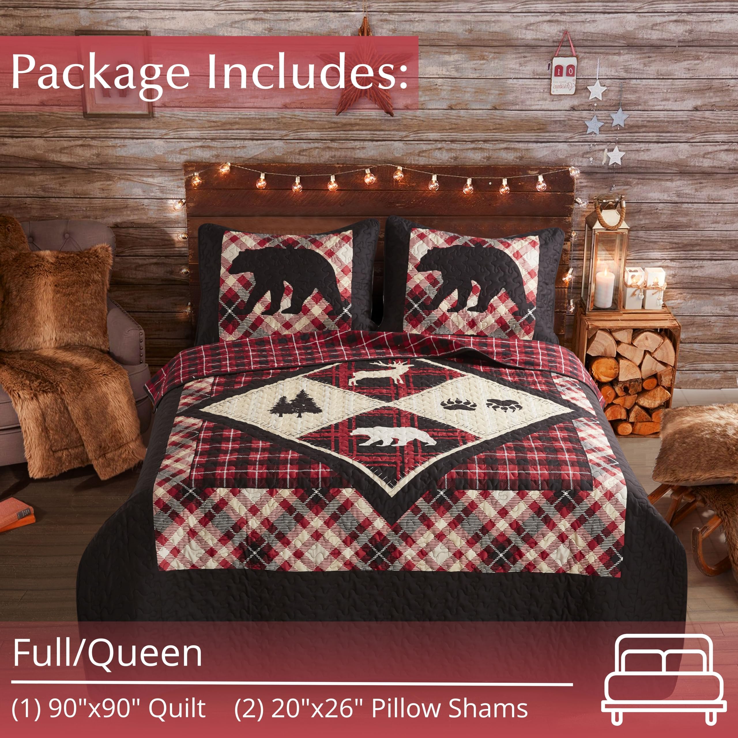 Virah Bella 3-Piece Queen Lodge Quilt Bedding Set - Rustic Diamond Bear Lodge Design - Reversible Camping Comforter with Decorative Pillow Shams (Burgundy/Black) - Perfect for Cabin Retreats, Country Homes & Cozy Bedrooms