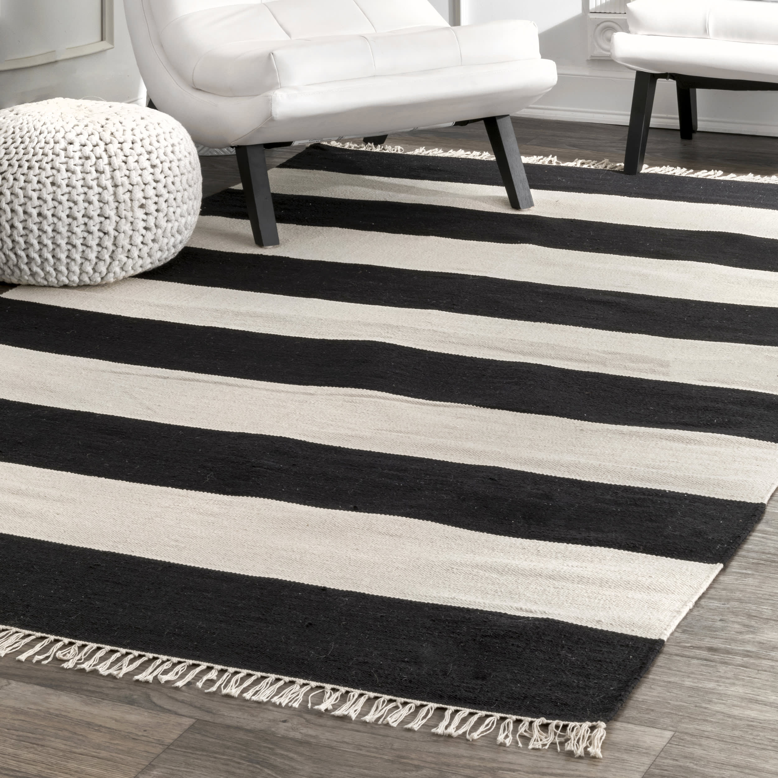 Black Striped Flatweave Tassel Area Rug - Boho Chic Home Decor for Living Room, Bedroom or Nursery