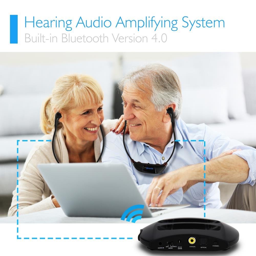Pyle PHPHA79 Bluetooth Wireless Amplifier & Headset System - 2.4GHz Dual Headset for Home Theater, Gaming & Conference Calls | Wireless Audio Assist with Crystal Clear Sound for Movies, Music & Online Meetings