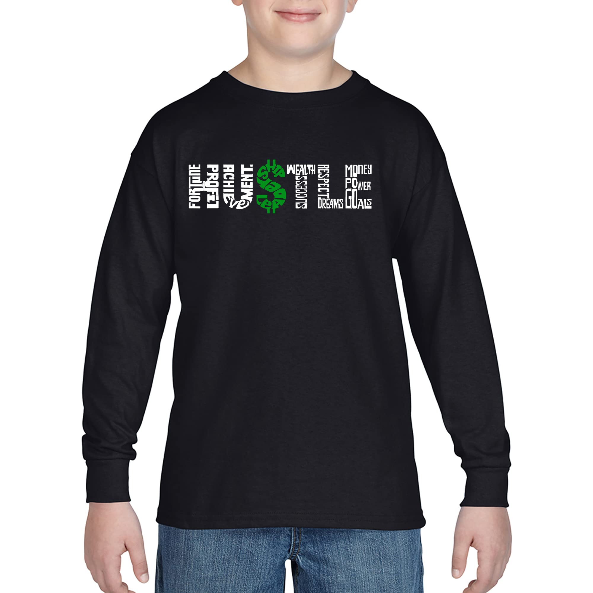 LA POP ART Boys' Motivational Word Art Long Sleeve T-Shirt - Hustle Design for School, Sports & Everyday Wear
