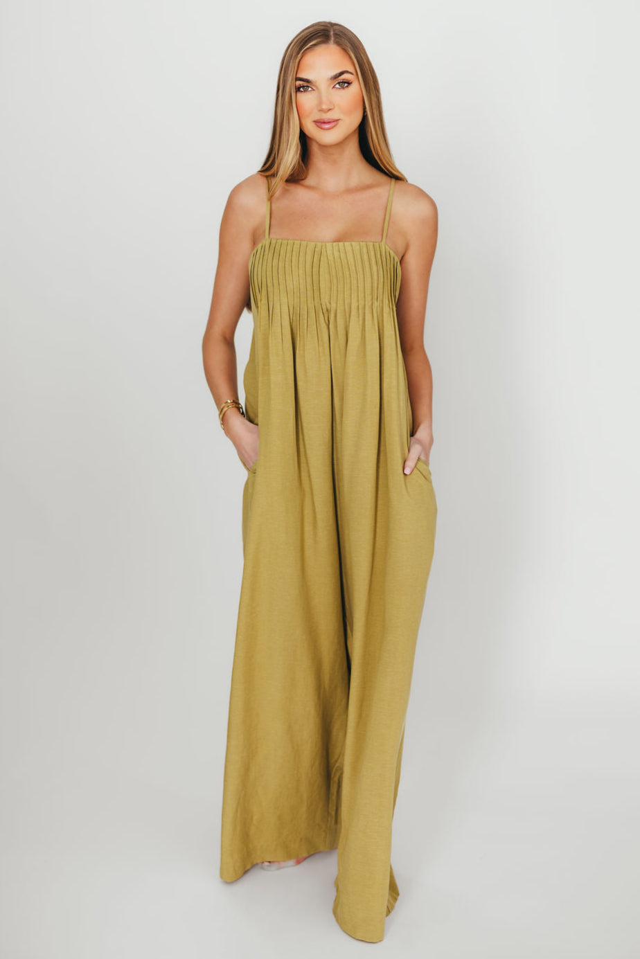 Adeline Pleated Jumpsuit for Women - Olive Green Wide Leg Romper with Pockets | Casual Chic Outfit for Brunch, Date Night & Summer Vacations