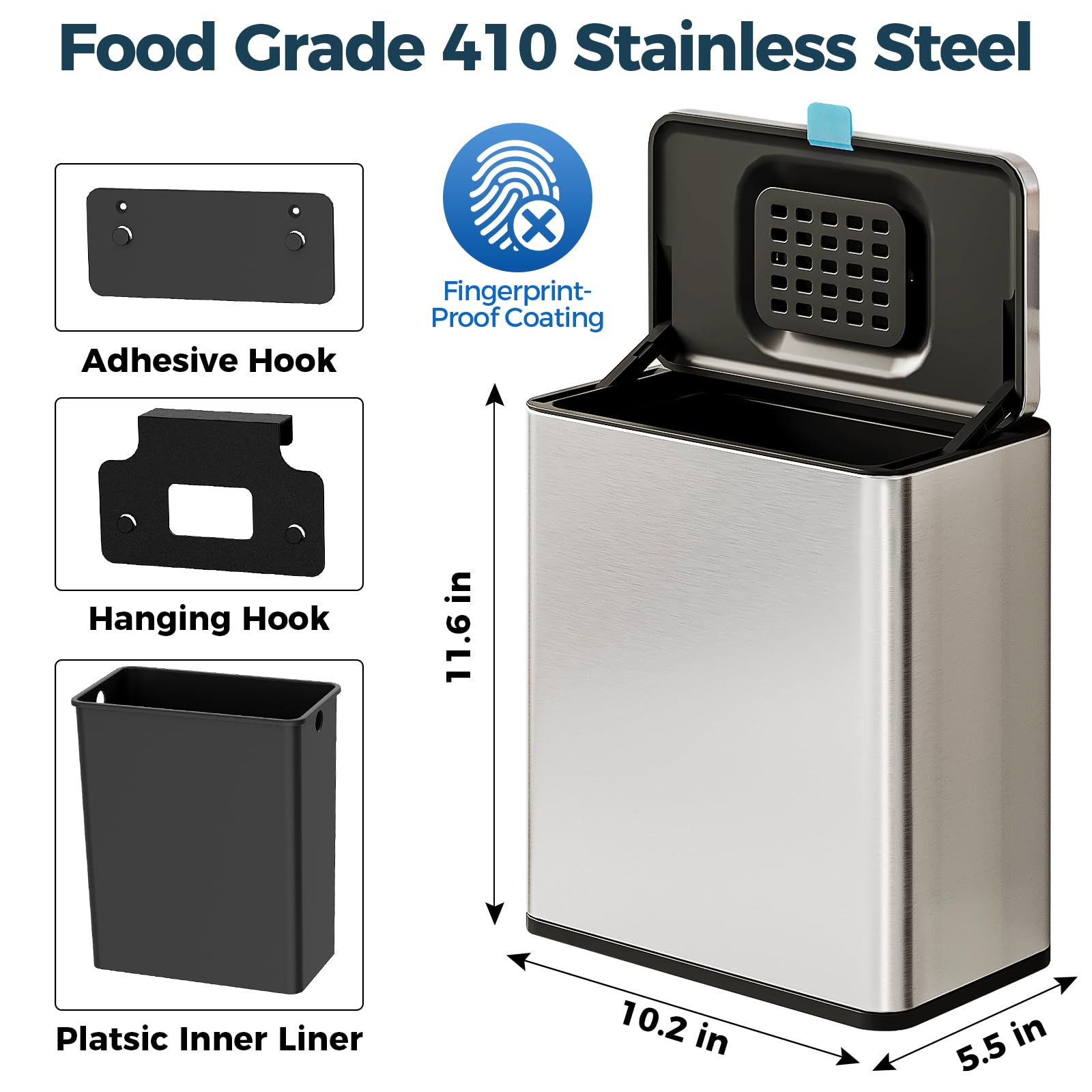 Stainless Steel Hanging Trash Can with Lid & Inner Bucket - 2 Gallon Kitchen Compost Bin for Countertop, Under Sink or Wall Mount - Small Garbage Can for Cupboard, Bathroom, Bedroom & RV - Perfect for Waste Disposal in Compact Spaces