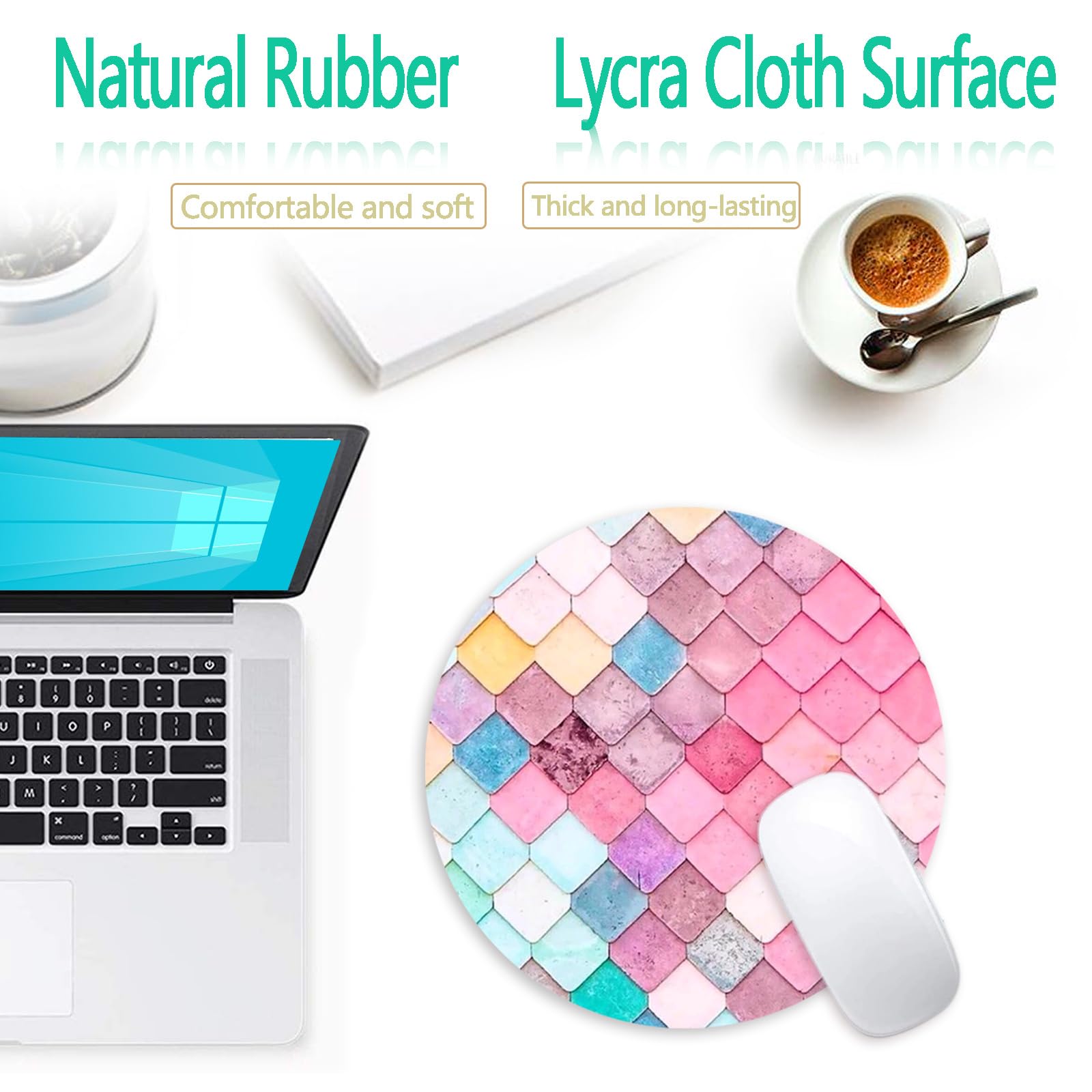 Non-Slip Rubber Base Gaming Mouse Pad with Stitched Edge - Waterproof Round Office Mouse Mat in Pink Mermaid Scales Design for PC, Laptop & Computer Workstations
