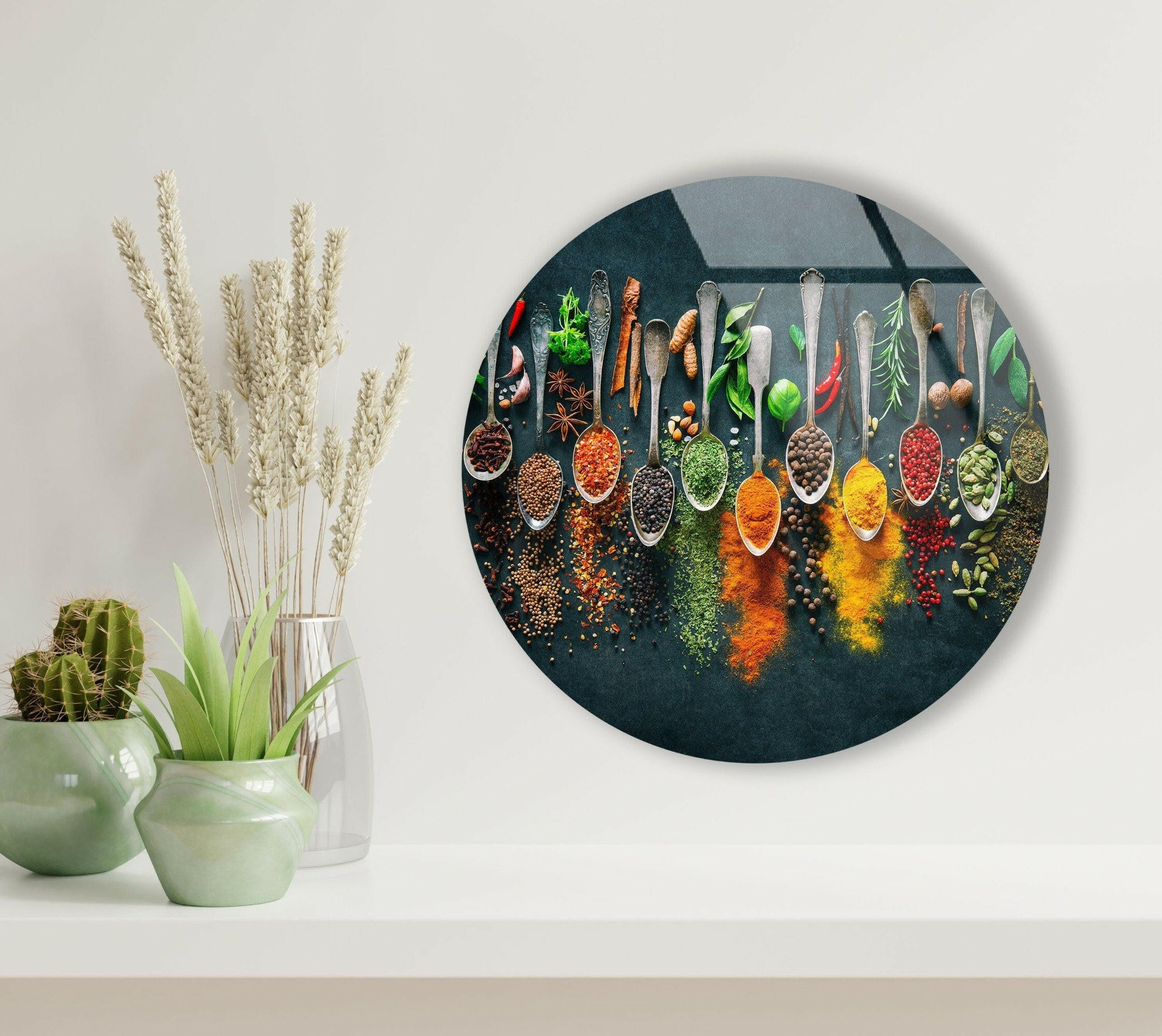 Vibrant Herbs Round Glass Wall Decor - Botanical Kitchen Art for Home, Office & Garden Decor