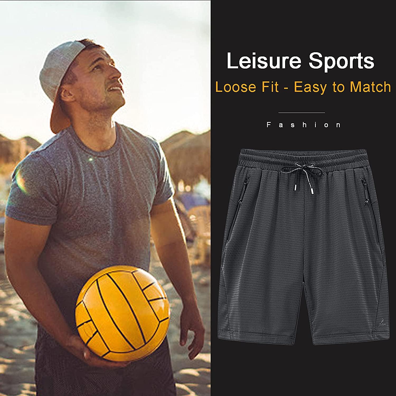 LAKIMHO Men's Athletic Shorts - Breathable Mesh Gym Shorts with Elastic Waistband & Zipper Pockets for Running, Workout, Training - Perfect for Fitness, Jogging and Casual Wear