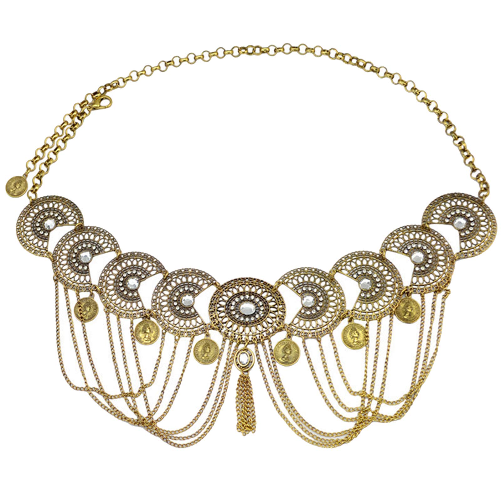 Vintage Adjustable Tassel Crystal Waist Chain Belt for Women - Geometric Metal Body Harness with Cross Design, Perfect for Beach, Dance, and Festival Outfits