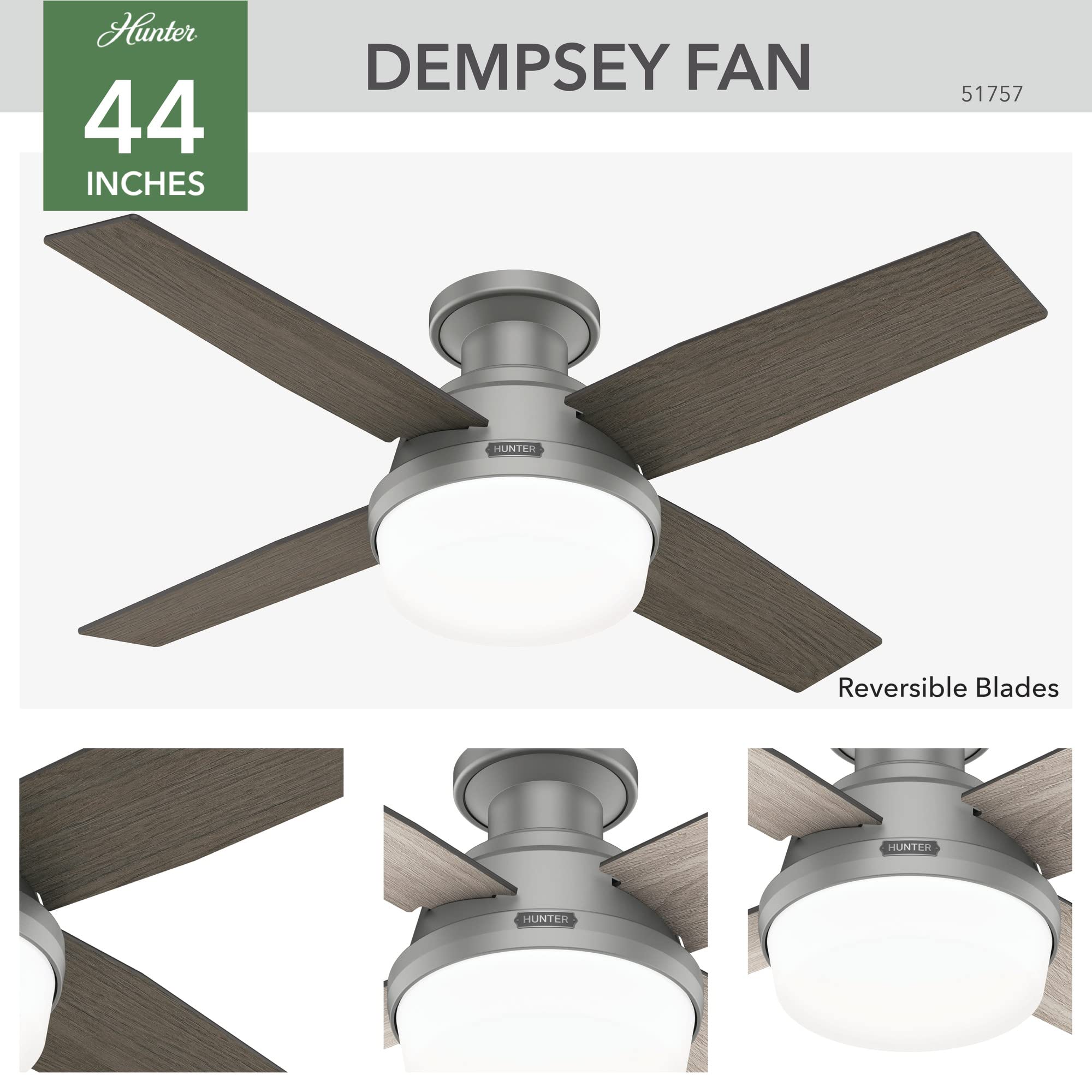 Hunter Fan Company 51757 Dempsey 44-Inch Indoor/Outdoor Ceiling Fan with Light Kit, Brushed Silver Finish - Perfect for Bedroom, Living Room, Patio & Covered Porches
