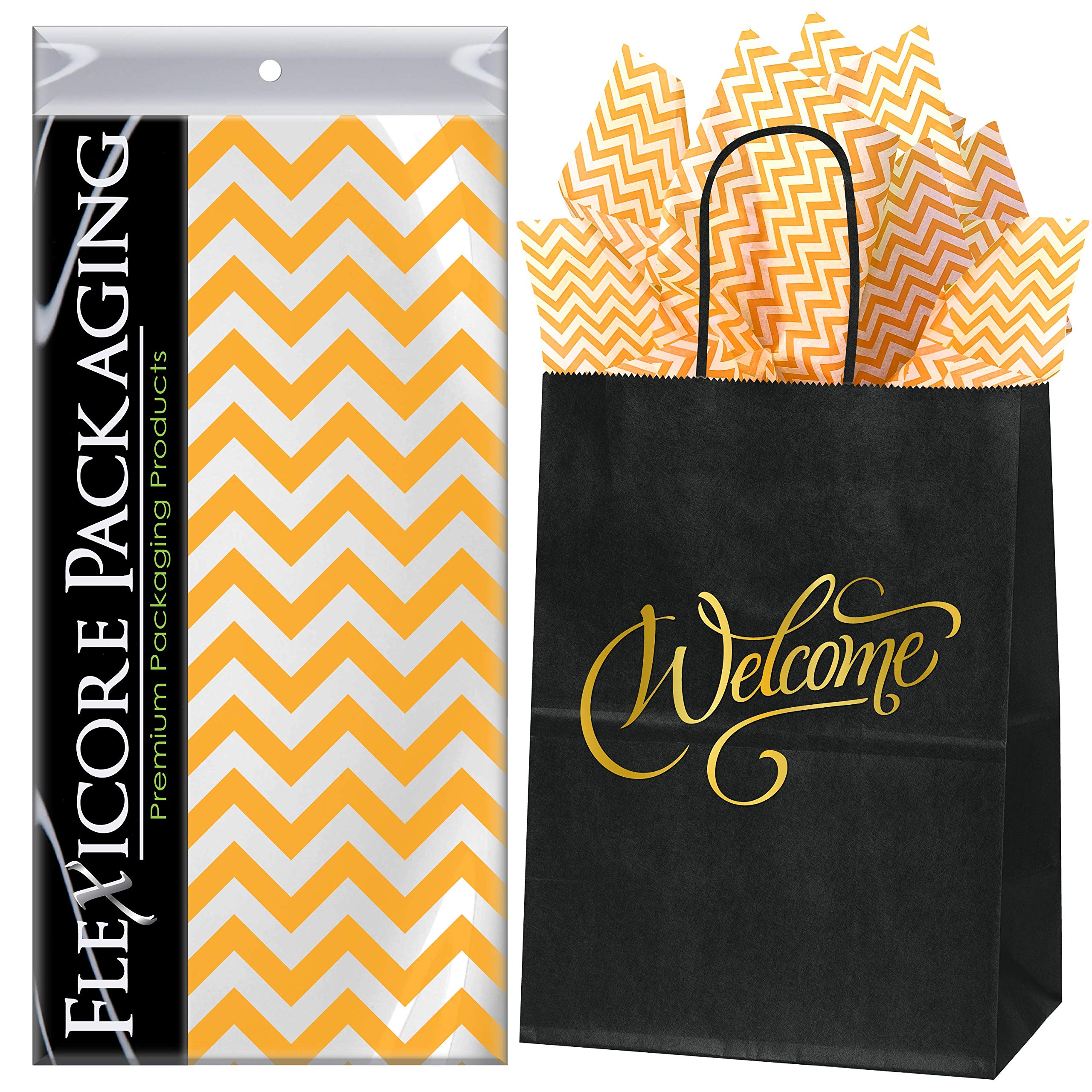Premium Black Kraft Paper Welcome Bags with Tangerine Orange Chevron Gift Wrap Tissue Paper - 8