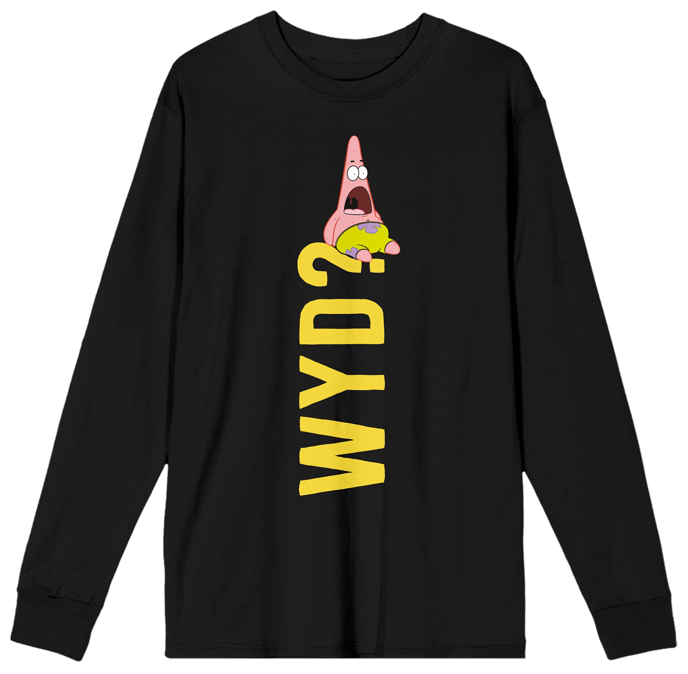 Spongebob Squarepants Patrick Star WYD? Men's Black Graphic Long Sleeve T-Shirt - Funny Cartoon Character Tee for Casual Wear & Gifts