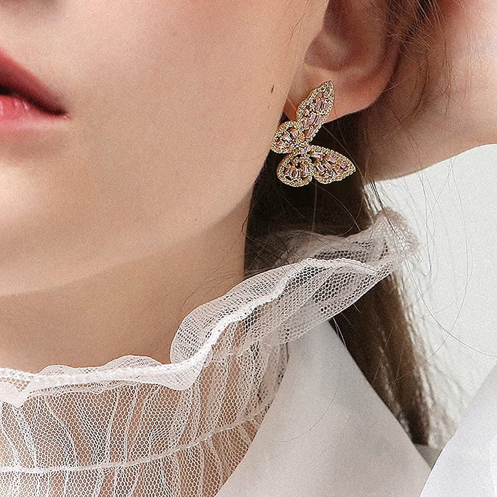 Sparkling Rhinestone Butterfly Bow Earrings for Women - Gold Crystal CZ Drop Dangle Earrings | Cubic Zirconia Sterling Silver Stud Earrings | Hypoallergenic Valentine's Day Jewelry Gift for Mom, Brides, Prom & Wedding | Perfect for Date Night, Parties & Special Occasions