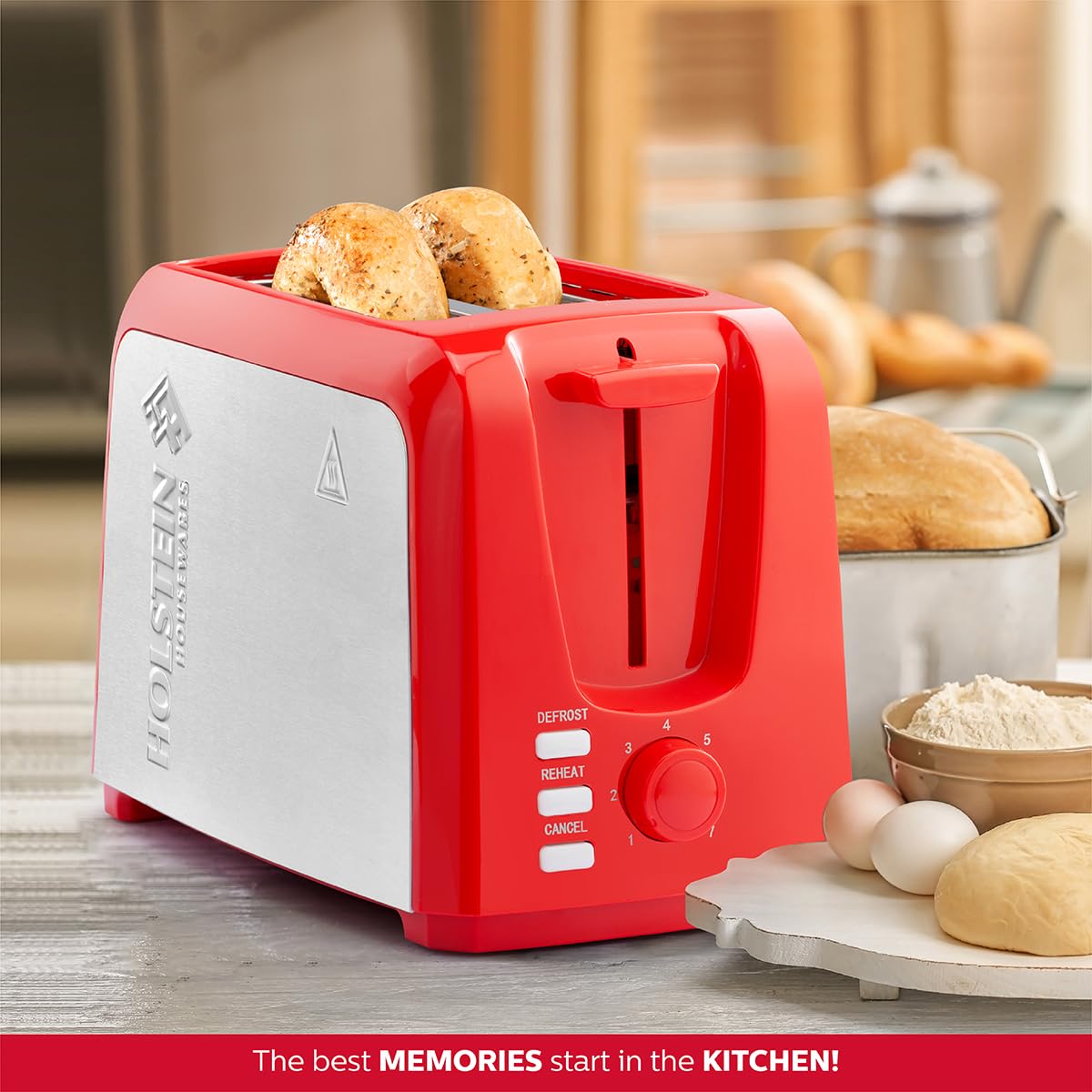 Holstein Housewares 2-Slice Toaster with 7 Browning Settings, Red Stainless Steel - Perfect for Toast, Bagels, Waffles - Ideal for Breakfast, Kitchen, Dorm & Office Use