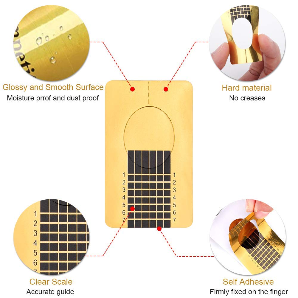 MAPPERZ Golden Horseshoe Nail Extension Tips - 200pcs Thick Paper Forms for Acrylic & Gel Nails - DIY Nail Art Accessories for Professional Salon & Home Manicure - Perfect for Nail Building, Extensions and Creative Nail Designs