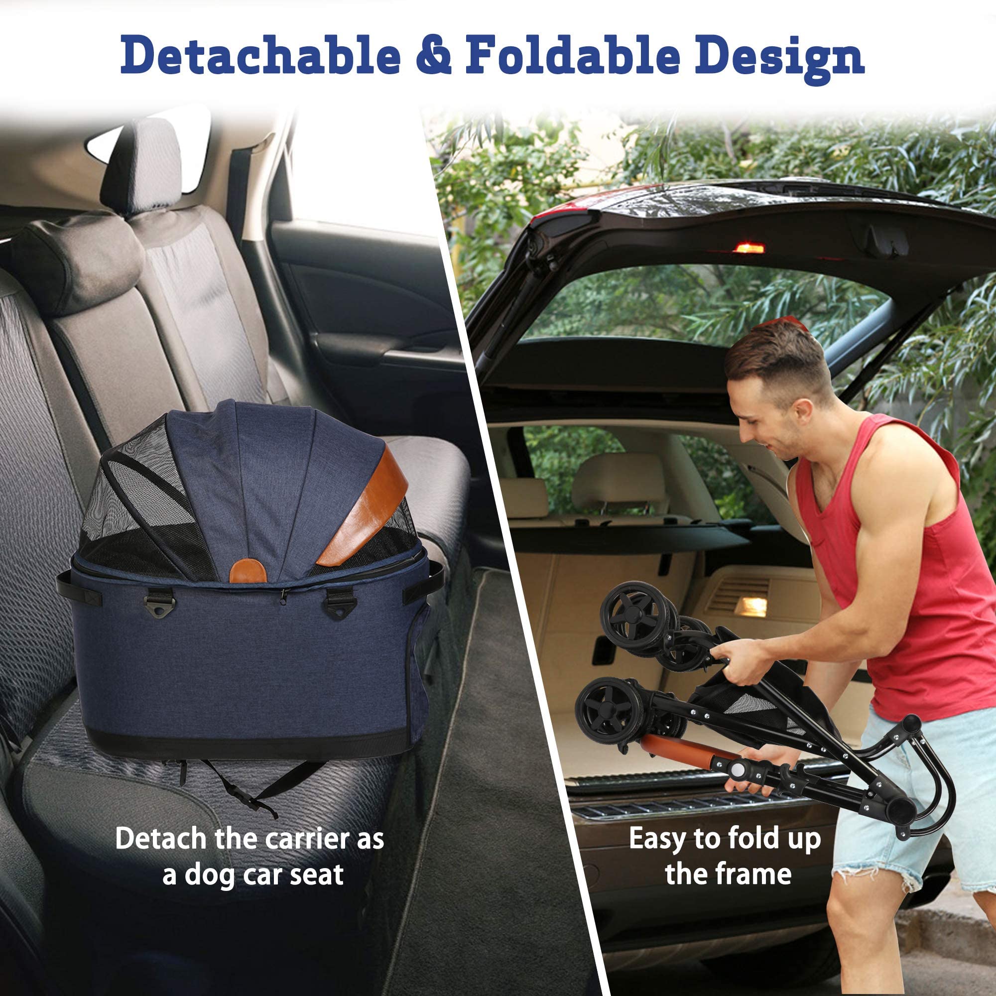 LUCKYERMORE Premium 2-in-1 Folding Pet Stroller & Carrier for Medium Dogs & Cats - Adjustable Handle, Detachable Car Seat - Perfect for Travel, Shopping & Vet Visits